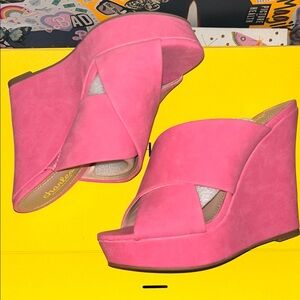Charles David Hot Pink Suede Wedge Mules